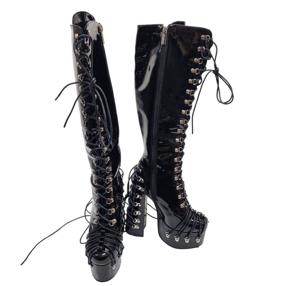 Black Leather Knee-High Lace-Up Platform Boots 6 Frankie Hsu Gothic side Zipper - Picture 4 of 9
